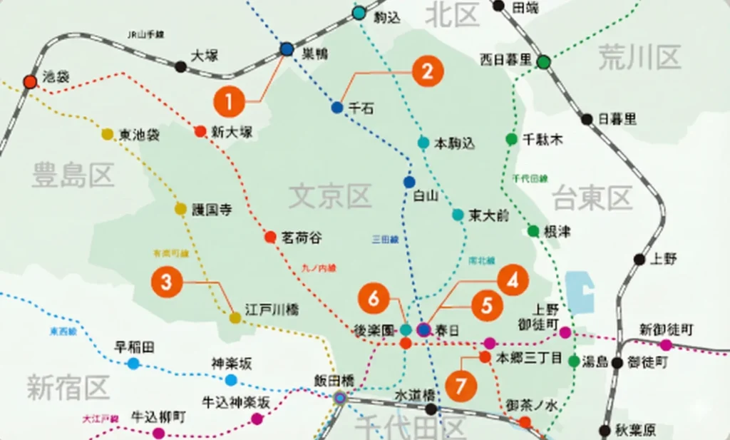 文京区・豊島区に展開する自習室KAKOIの全7店舗エリアマップ