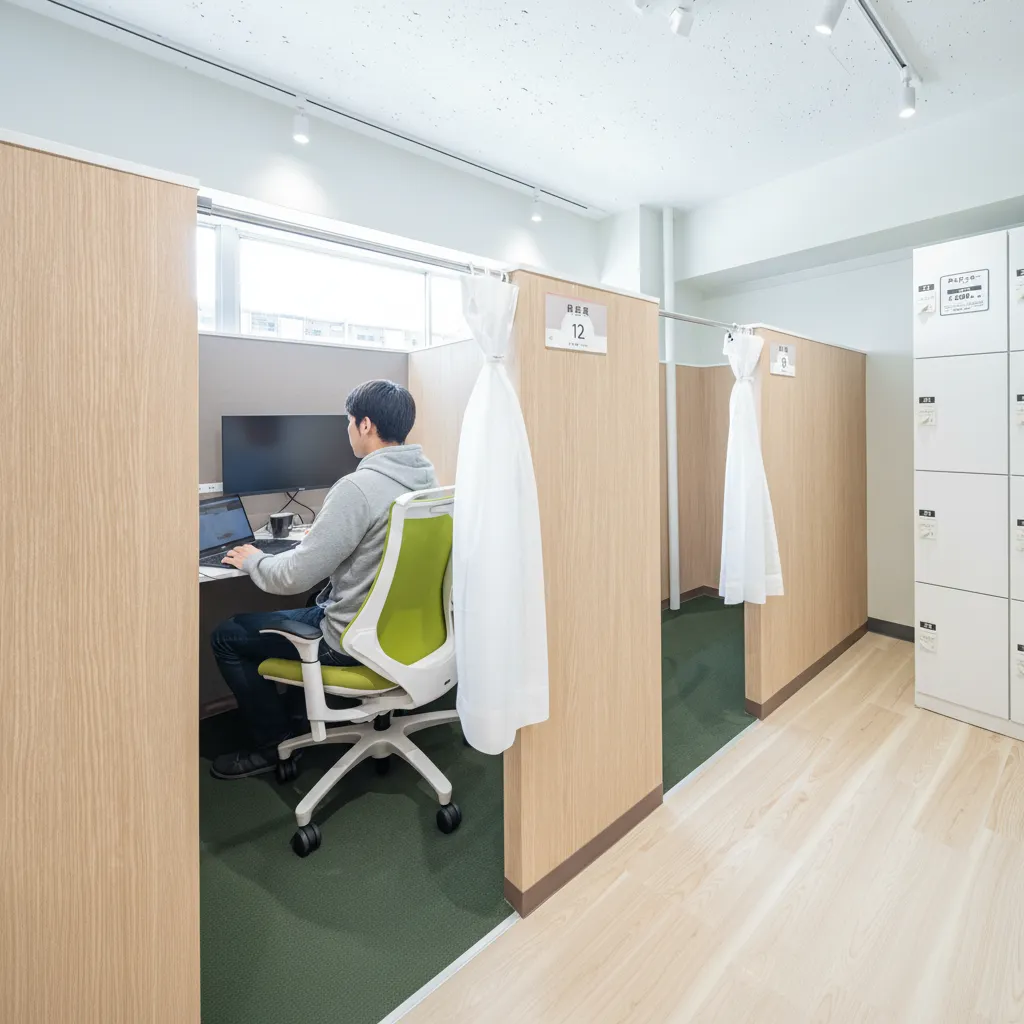 自習室KAKOI後楽園駅前店の静かなブース席で男性がノートパソコン作業をしている様子。個別ブースが木目の仕切りで区切られ、白いカーテンと明るい照明、ロッカー設備が整った清潔感のある自習環境。