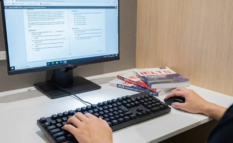 IELTSやCBT方式の試験対策に最適な自習室のデスク。PC受験本番を想定した独立型キーボードとモニター完備。