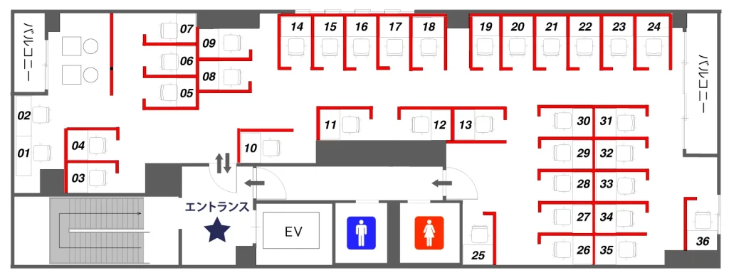 自習室KAKOIの館内レイアウト図と座席表（全36席・食事可能なカフェエリア・男女別トイレ完備）。