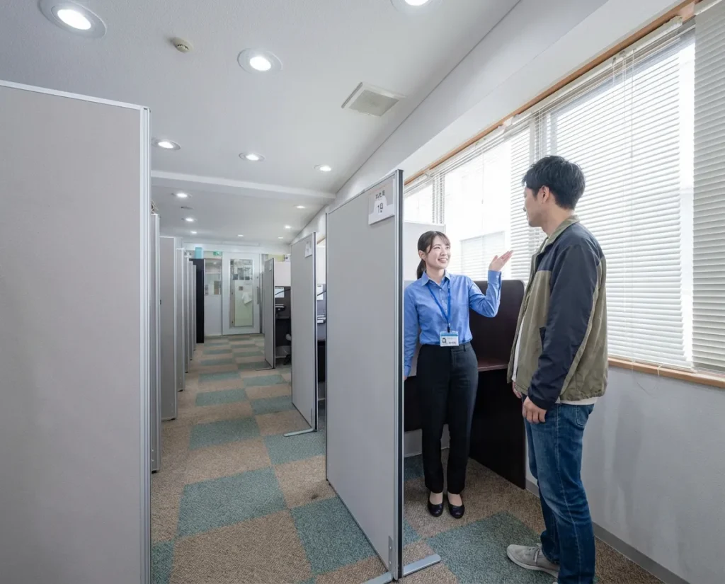 スタッフによる案内も丁寧な千石自習室の明るい通路