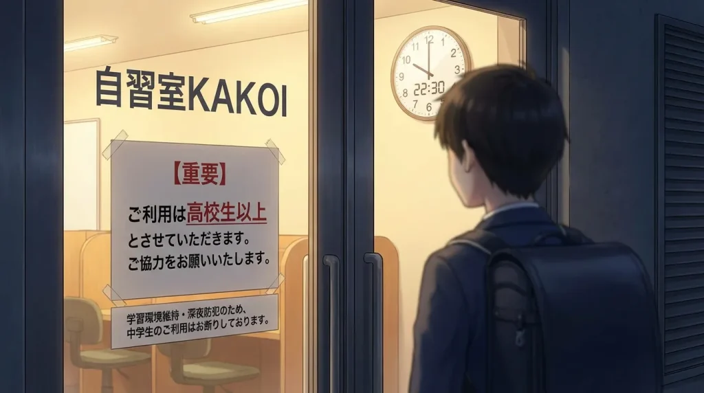 深夜の自習室KAKOIの入り口ドアに貼られた「【重要】ご利用は高校生以上とさせていただきます」という年齢制限の案内の張り紙。学習環境維持と深夜防犯のために中学生の利用をお断りする旨が書かれており、それを制服姿の男子学生が見つめている様子。