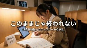 自習室KAKOIのデスクで勉強に集中する18歳女子受験生の姿。「このままじゃ終われない 18歳受験生、ラストスパートの決意」というメッセージ入り