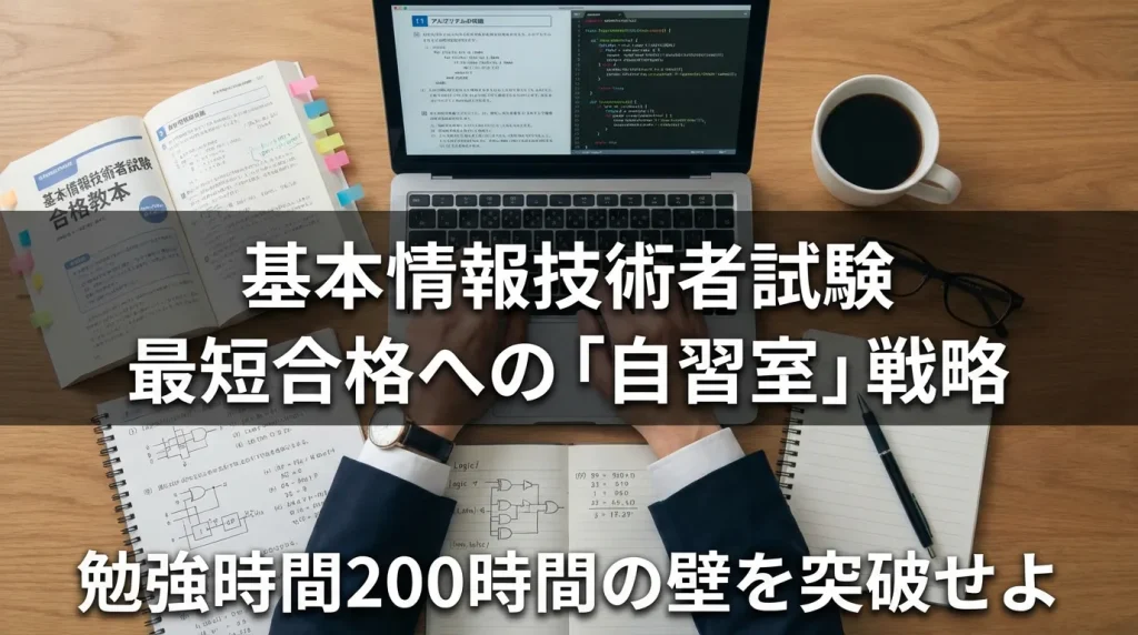 基本情報技術者試験の参考書とノートPC、アルゴリズムの問題を解くビジネスパーソンの手元