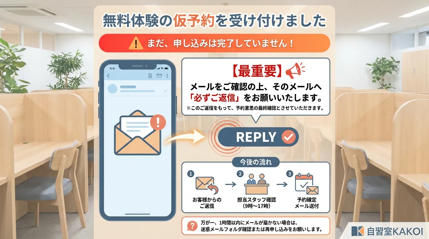 自習室 KAKOIの無料体験仮予約受付完了画面。「まだ、申し込みは完了していません！」と警告し、予約確定のためメールを確認し、必ずご返信を求める最重要事項が記載されている。今後の流れとして、「お客様からのご返信」→「担当スタッフ確認」→「予約確定メール送付」の3ステップが案内されている。