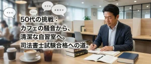 騒がしいカフェのイメージと、静かで清潔な自習室KAKOIで司法書士試験の勉強に集中する50代男性の比較。「50代の挑戦：カフェの騒音から、清潔な自習室へ。司法書士試験合格への道。」という記事のアイキャッチ画像。