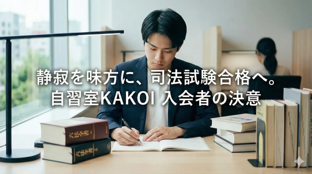 静かな自習室KAKOIのデスクで、六法全書などの法律書を広げ、司法試験合格に向けて集中して勉強に取り組む男性入会者の様子。画像内には「静寂を味方に、司法試験合格へ。自習室KAKOI 入会者の決意」というテキストが記載されています。