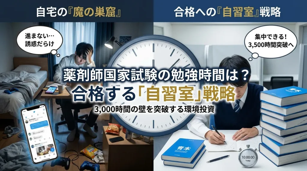 薬剤師国家試験の青本と虹本、大量の付箋が貼られた参考書とノート、集中して勉強する薬学生の手元
