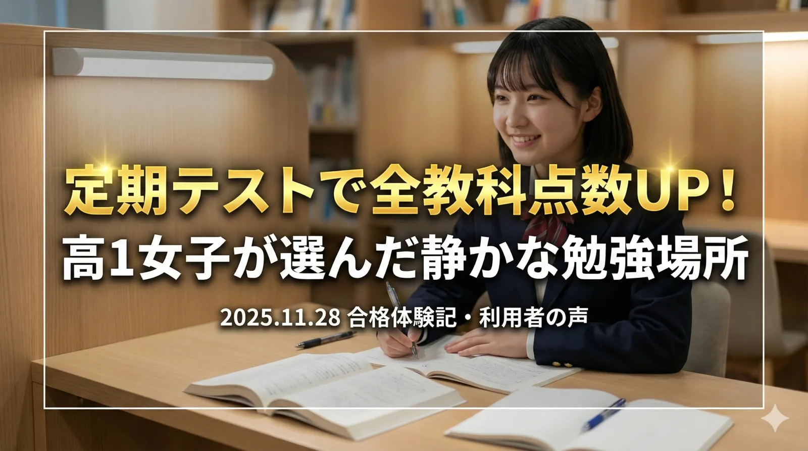 定期テストで全教科点数UP！高1女子が選んだ静かな勉強場所。自習室のブースで笑顔で勉強する女子高生の合格体験記アイキャッチ画像