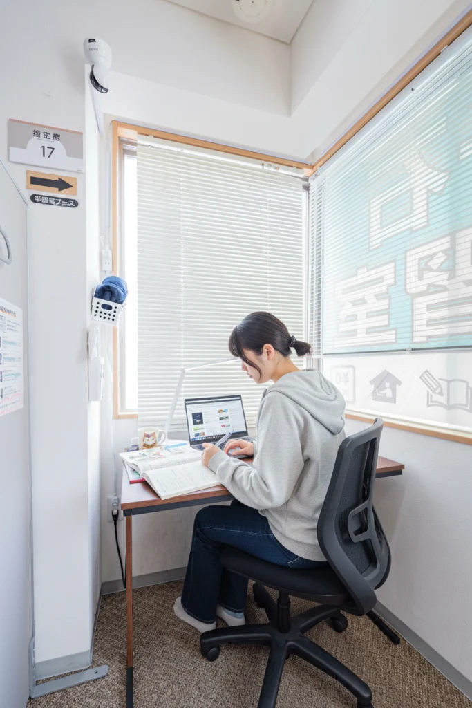 千石自習室の明るい窓際デスクでPC学習をする様子