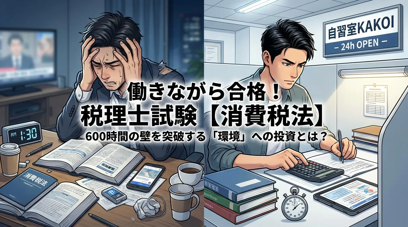 税理士試験消費税法の理論テキストと電卓、夜遅くまで勉強する受験生のイメージ
