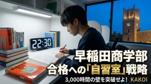 早稲田大学の赤本と世界史の用語集、夜遅くまで集中して英語長文を解く受験生のデスク