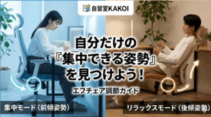 自習室KAKOIのエフチェア調節ガイド記事アイキャッチ。「自分だけの『集中できる姿勢』を見つけよう！」というタイトルと共に、左側に集中モード（前傾姿勢）、右側にリラックスモード（後傾姿勢）の利用シーンを対比して掲載