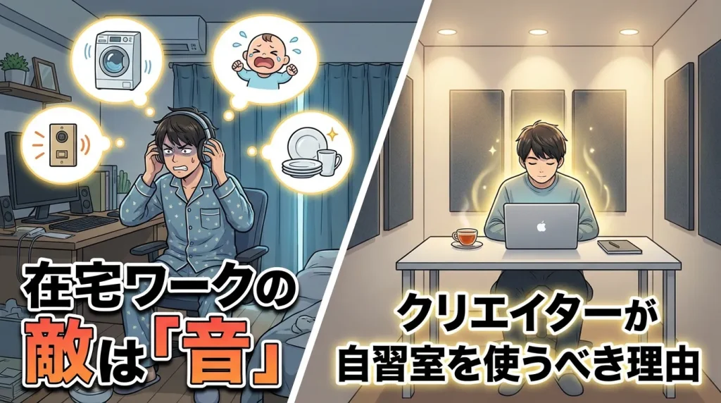 在宅ワーク中の生活音（洗濯機や子供の声）に悩むクリエイターと、静かな自習室での作業を比較。「敵は音」である理由を解説するアイキャッチ。