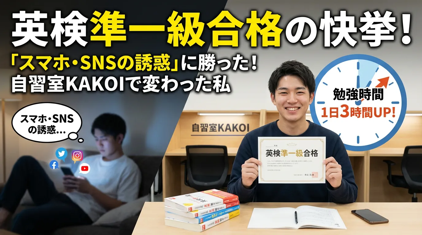 英検準1級に合格した学生が合格証書を持ち笑顔で喜ぶ様子。自習室KAKOIで勉強時間が1日3時間増えた合格体験記のサムネイル。