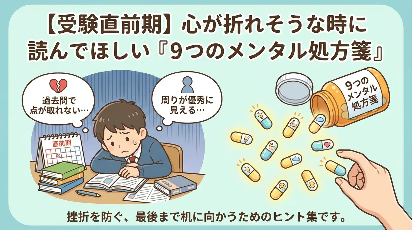 受験直前期】心が折れそうな時に読んでほしい『9つのメンタル処方箋』のアイキャッチ画像。「過去問で点が取れない」「周りが優秀に見える」と落ち込む受験生と、挫折を防ぐヒントが詰まった薬瓶のイラスト