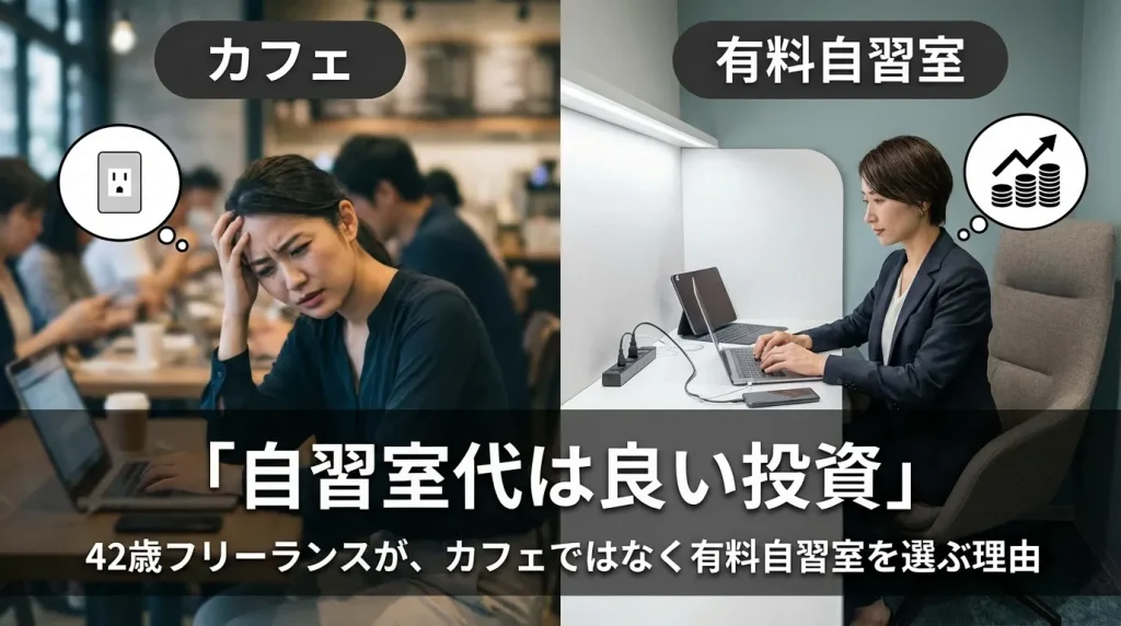 カフェの騒音に悩む様子と有料自習室で集中する様子の比較。「自習室代は良い投資」と語る42歳フリーランスの体験談アイキャッチ。