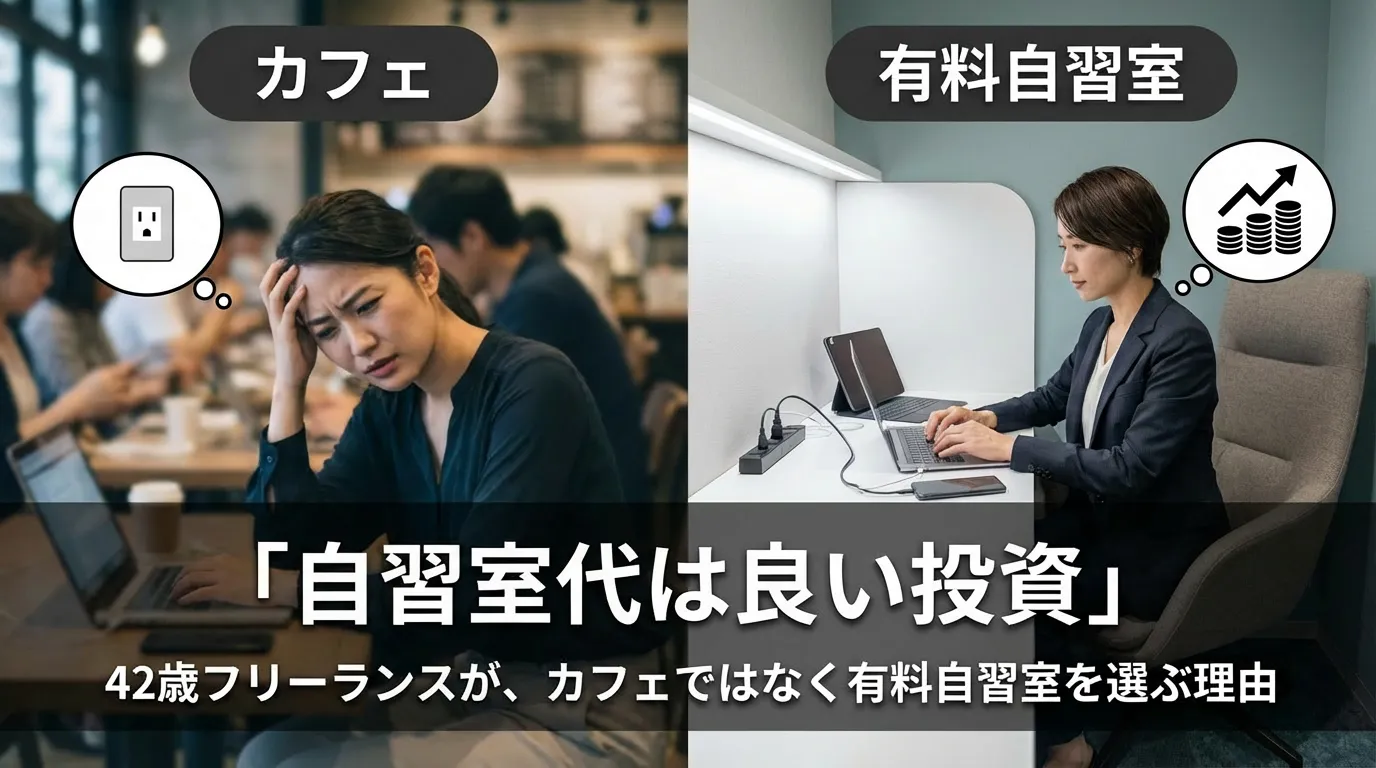 カフェの騒音に悩む様子と有料自習室で集中する様子の比較。「自習室代は良い投資」と語る42歳フリーランスの体験談アイキャッチ。