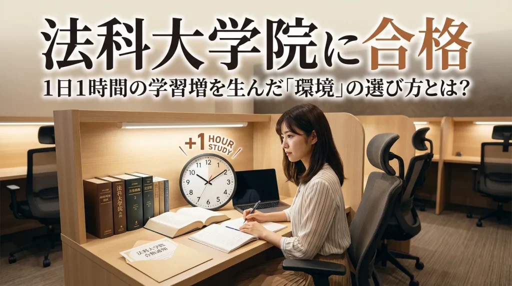 法科大学院合格を目指す女性が自習室で集中して勉強する様子。1日1時間の学習効率向上を実現した静かな学習環境。