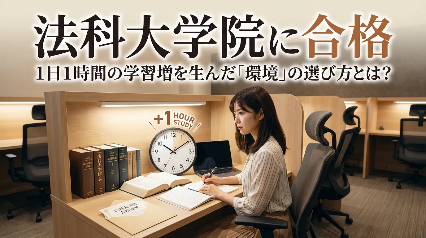 法科大学院合格を目指す女性が自習室で集中して勉強する様子。1日1時間の学習効率向上を実現した静かな学習環境。