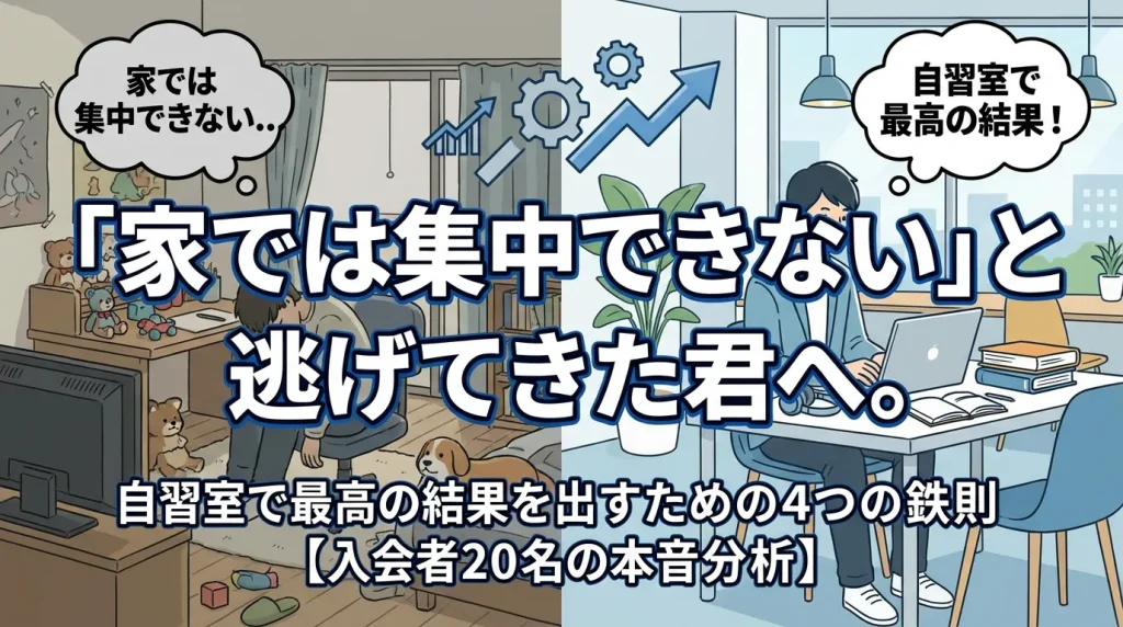 家では集中できない悩みから自習室に切り替え、学習効率と成果を高める様子を表したイラスト。自習室で最高の結果を出す方法を解説するビジュアル。