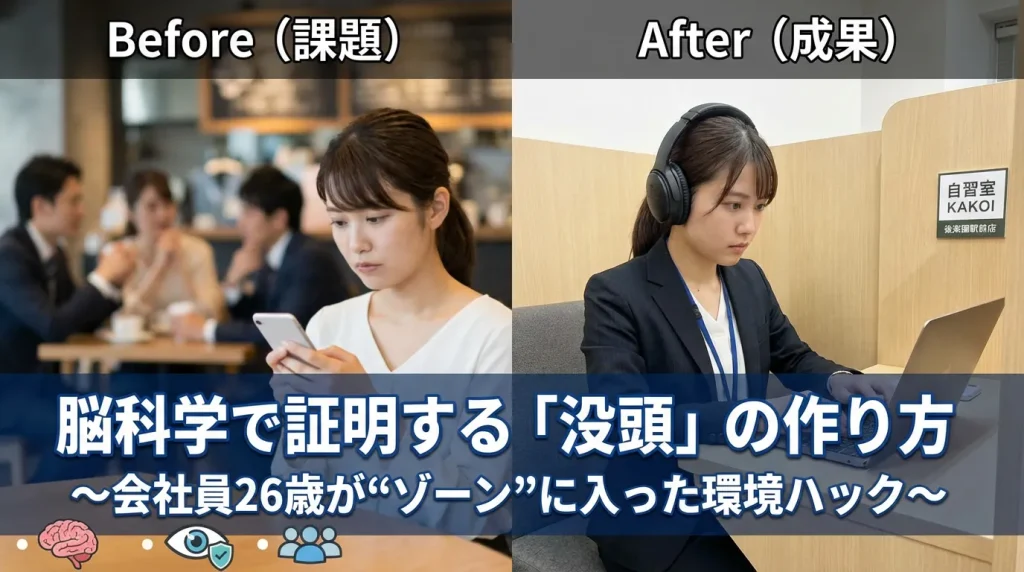 脳科学で証明する「没頭」の作り方〜会社員26歳が“ゾーン”に入った環境ハック〜。左側は騒がしいカフェでスマホを見ている集中できない会社員女性（課題）、右側は自習室KAKOI後楽園駅前店の静かな半個室でヘッドホンをしてノートPCに向かい没頭している同じ女性（成果）の比較画像。