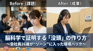 脳科学で証明する「没頭」の作り方〜会社員26歳が“ゾーン”に入った環境ハック〜。左側は騒がしいカフェでスマホを見ている集中できない会社員女性（課題）、右側は自習室KAKOI後楽園駅前店の静かな半個室でヘッドホンをしてノートPCに向かい没頭している同じ女性（成果）の比較画像。