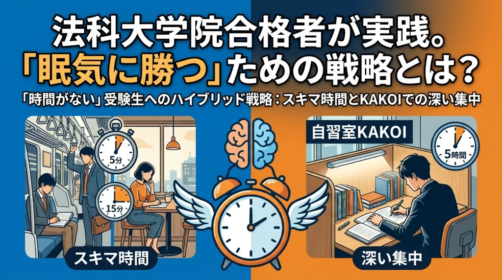 法科大学院合格者が実践する眠気に勝つ勉強戦略。スキマ時間の短時間学習と自習室KAKOIでの深い集中を組み合わせたハイブリッド学習法を解説した図解