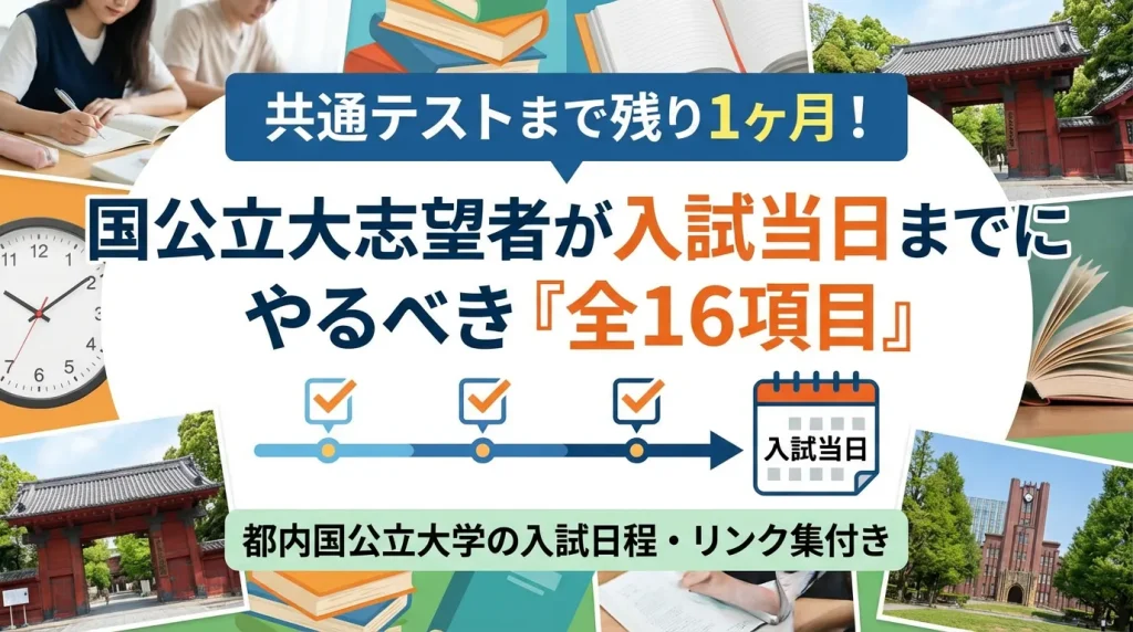 共通テスト1ヶ月前、国公立大志望者が入試当日までにやるべき全16項目のチェックリストと都内入試日程まとめのアイキャッチ画像