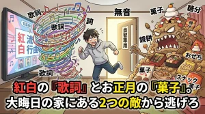 大晦日の家にある「紅白の歌詞」と「お正月の菓子」という2つの誘惑から逃げ出し、無音の自習専用室へ駆け込む受験生のイラスト