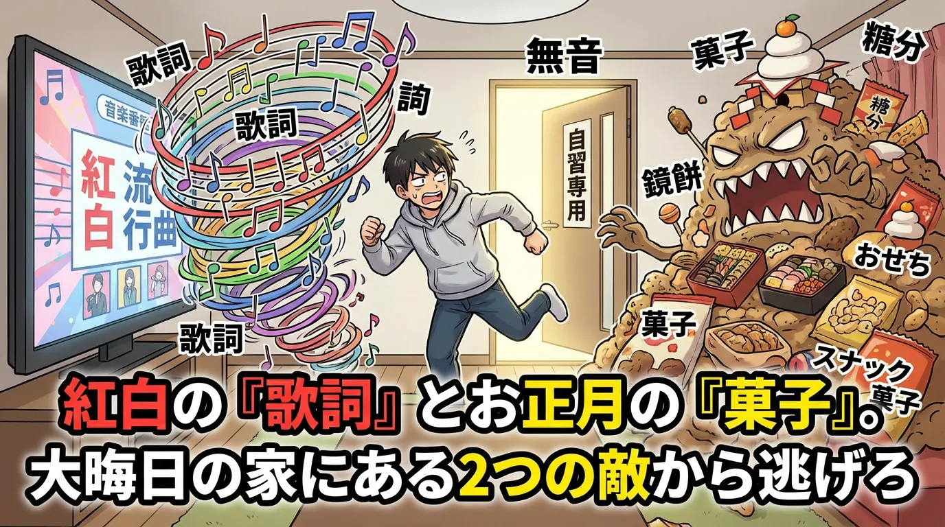 大晦日の家にある「紅白の歌詞」と「お正月の菓子」という2つの誘惑から逃げ出し、無音の自習専用室へ駆け込む受験生のイラスト