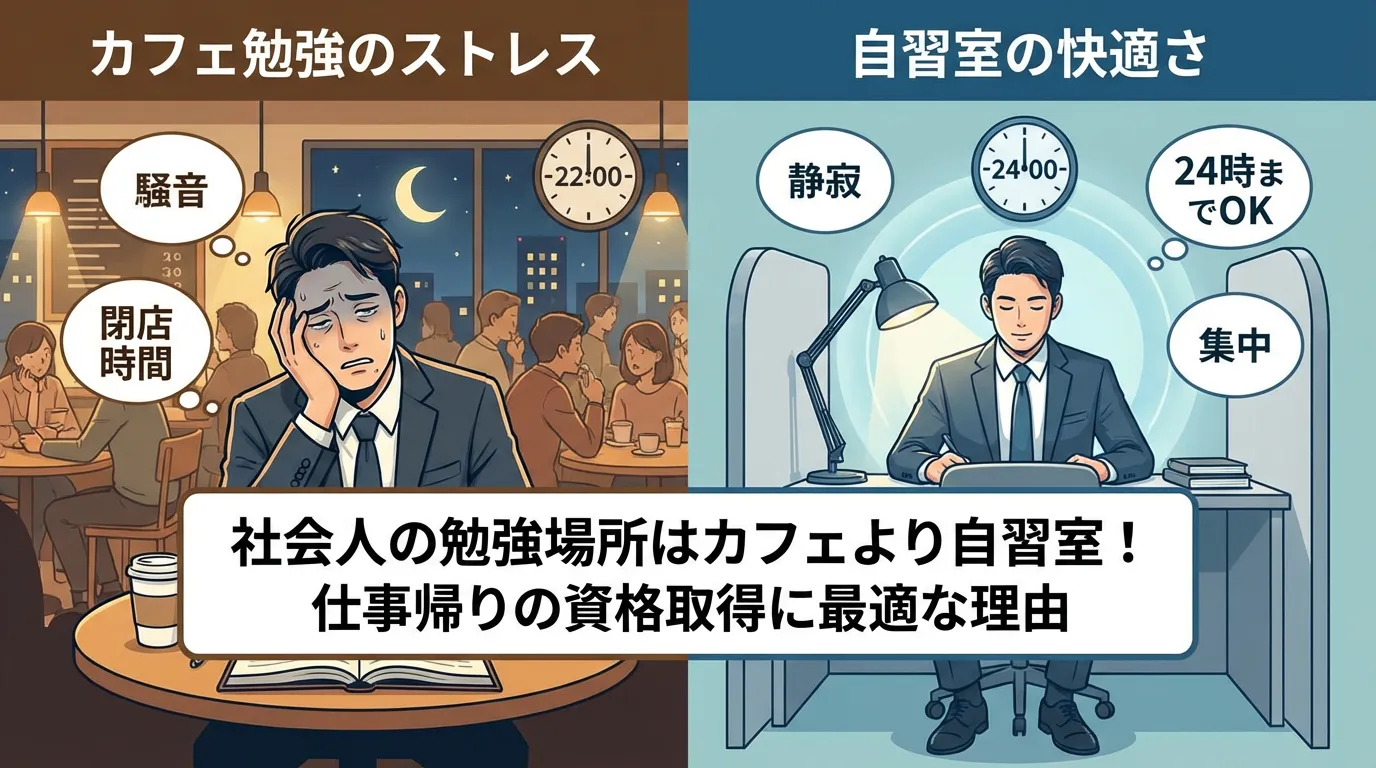 仕事帰りのカフェ勉強でのストレス（閉店時間・騒音）と、24時間使える自習室の快適さを比較したイラスト。社会人の資格取得におすすめの環境。