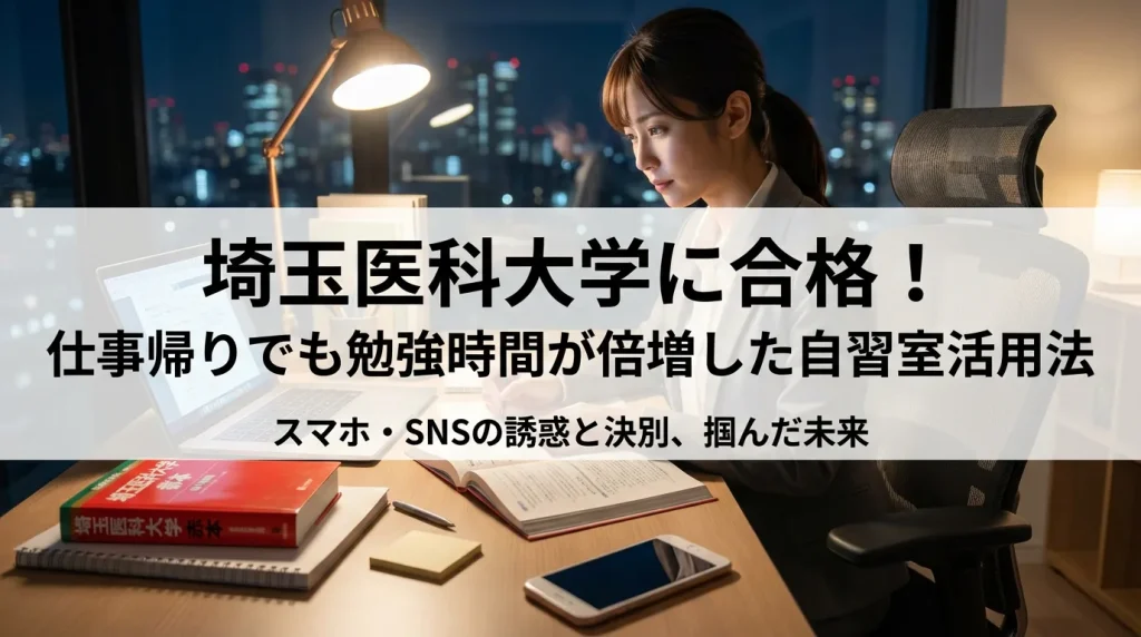埼玉医科大学に合格！仕事帰りでも勉強時間が倍増した自習室活用法。スマホ・SNSの誘惑と決別し、夜の自習室で勉強する社会人女性