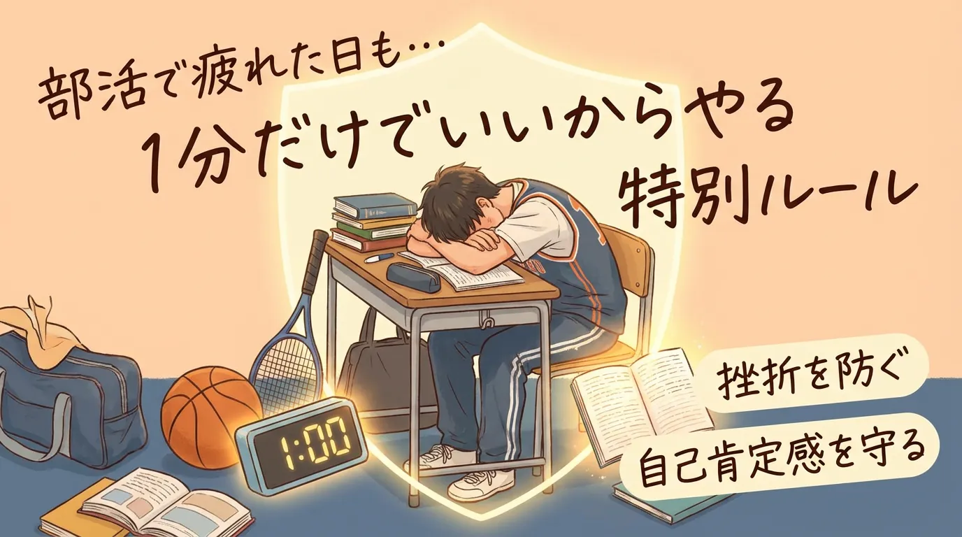 部活で疲れた日も「1分だけでいいからやる」特別ルールのアイキャッチ画像。机で寝てしまった受験生のイラストとともに、挫折を防ぎ自己肯定感を守るためのメンタル管理法を表現