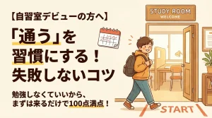 【自習室デビューの方へ】「通う」を習慣にする！失敗しないコツのアイキャッチ画像。「勉強しなくていいから、まずは来るだけで100点満点！」というメッセージと共に、リュックを背負った男性が笑顔で自習室（STUDY ROOM）に入ろうとしているイラスト