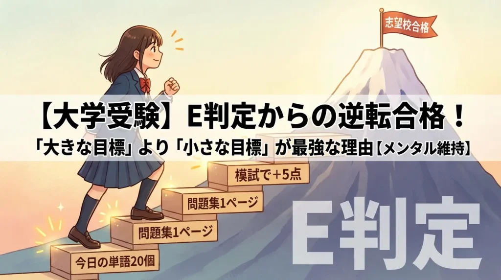 【大学受験】E判定からの逆転合格！「大きな目標」より「小さな目標」が最強な理由のアイキャッチ画像。「E判定」と書かれた大きな山に向かって、女子高生が「今日の単語20個」「問題集1ページ」と書かれた小さな階段を一歩ずつ登っていくイラスト