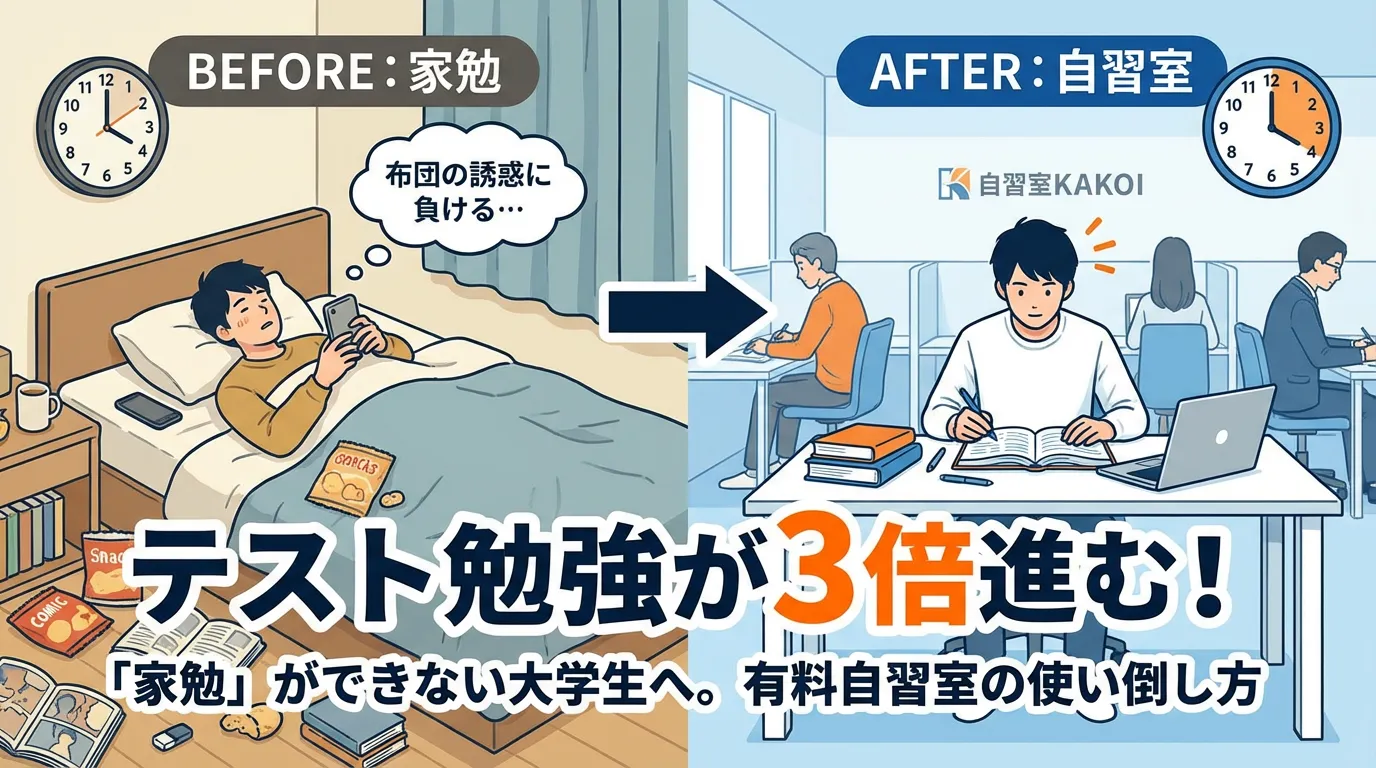 家ではスマホの誘惑に負けてしまう大学生が、自習室環境ではテスト勉強が3倍進むようになったビフォーアフター比較イラスト。