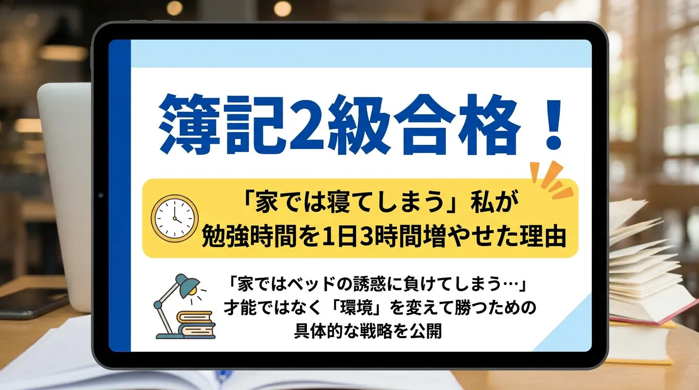 「簿記2級(bookkeeping grade2)」「合格(pass)」「勉強環境(study environment)」「戦略(strategy)」をファイル名に含め、記事のテーマを検索エンジンに伝えます。