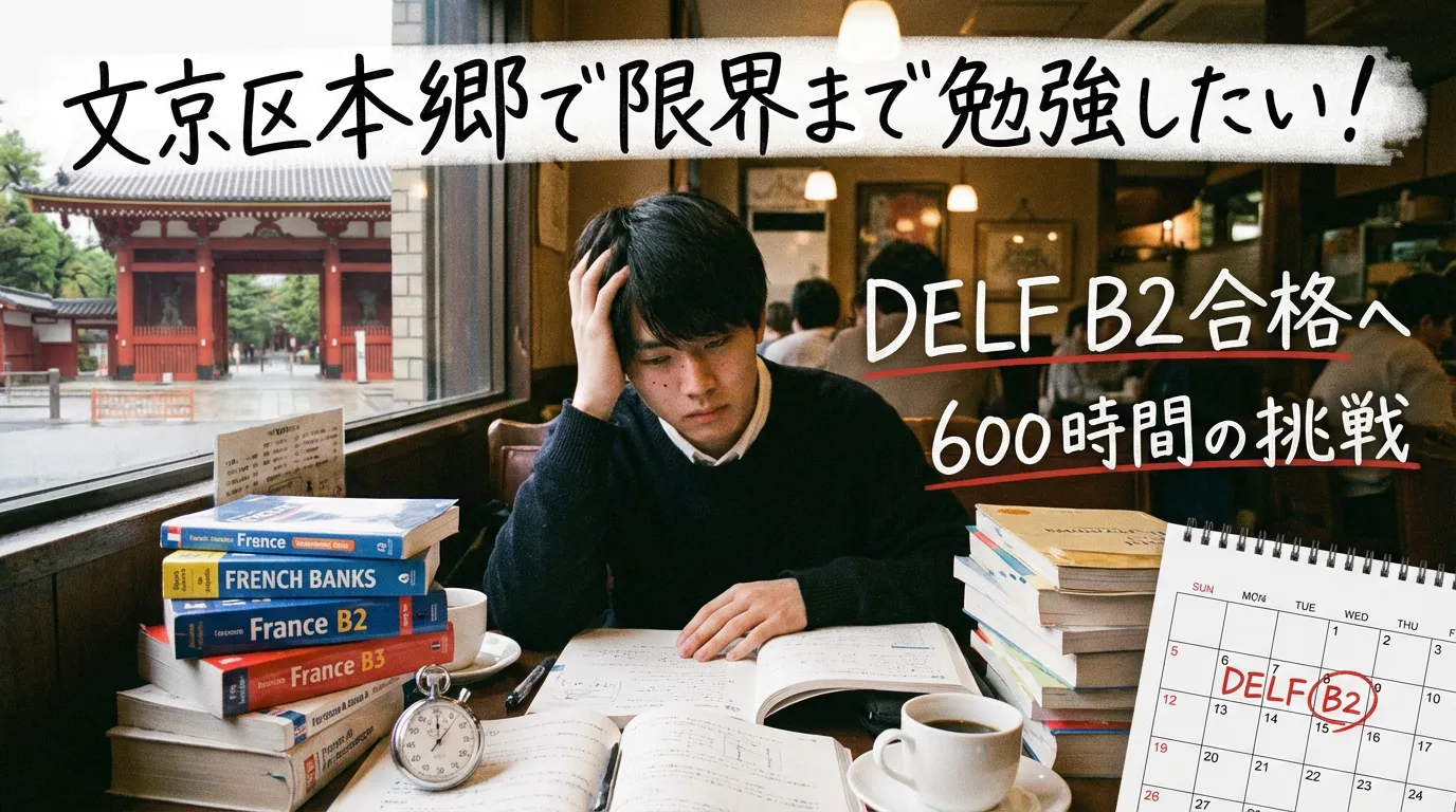文京区本郷で限界まで勉強したい学生の悩みとDELF B2合格への600時間の挑戦。大量のフランス語テキストとカレンダーを前に悩む男性のアイキャッチ画像