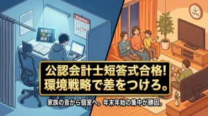 公認会計士短答式合格! 環境戦略で差をつけろ。「勉強の『質』が激変!」「家族の音から個室へ。年末年始の集中が勝因。」というキャッチコピー。左側は自習室の個室ブースで集中する男性、右側は年末年始の家族団らんの様子を描いたイラスト。