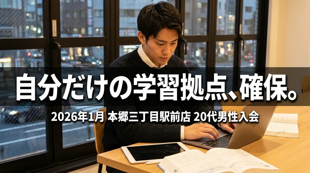 【2026年1月入会】本郷三丁目駅前店を利用する20代男性。自分だけの学習拠点を確保し、PCとテキストで勉強している様子