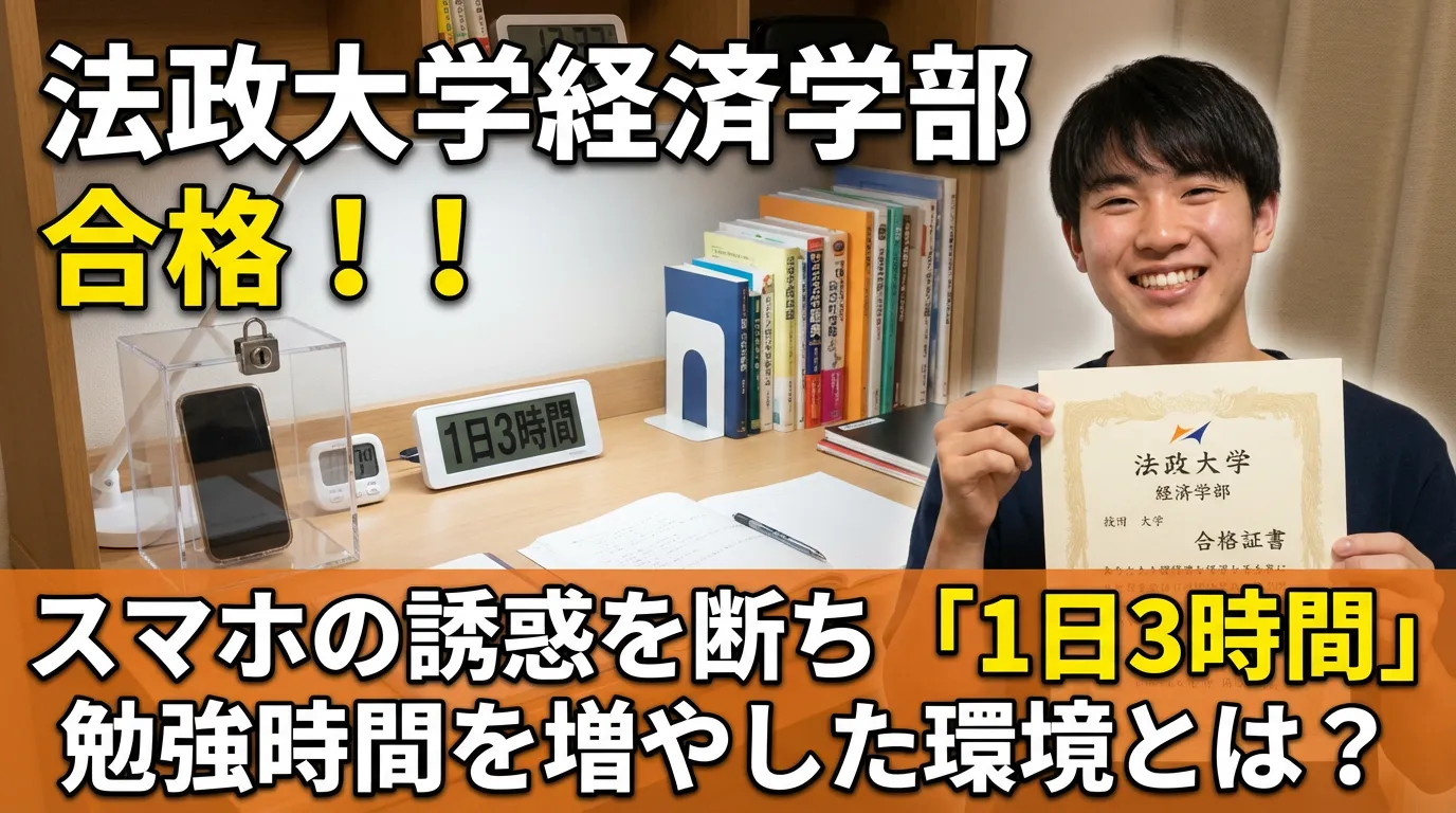 法政大学経済学部の合格証書を持つ男性と、スマホを物理的にロックするタイムロッキングコンテナが置かれた自習室のデスク。スマホの誘惑を断ち勉強時間を1日3時間増やした環境を表現するアイキャッチ画像。