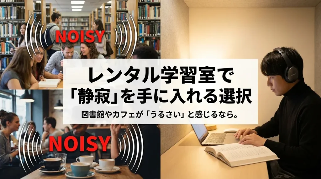 図書館やカフェの騒音と、静かなレンタル学習室で集中する男性の対比画像。集中できる勉強場所の提案。