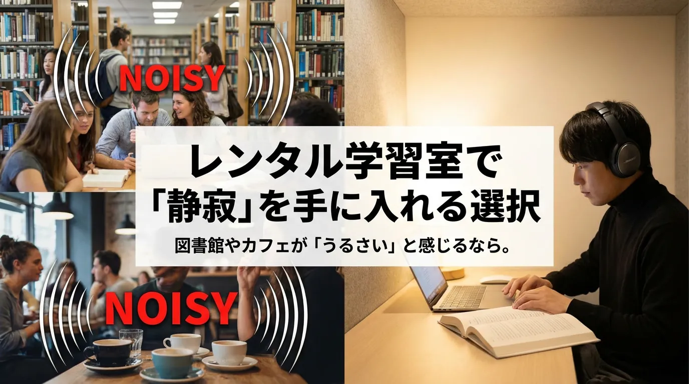 図書館やカフェの騒音と、静かなレンタル学習室で集中する男性の対比画像。集中できる勉強場所の提案。