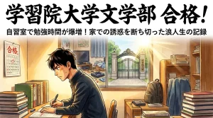 学習院大学文学部に合格した浪人生の事例紹介。自宅の誘惑（テレビ・ゲーム・ベッド）を背景に、自習室で集中して