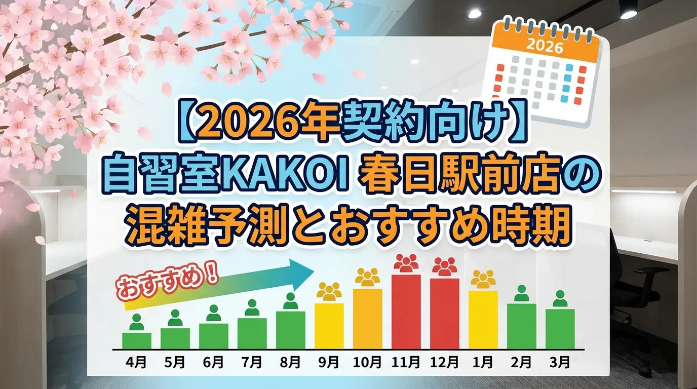 【2026年契約向け】自習室KAKOI 春日駅前店の年間混雑予測グラフとおすすめの契約時期。4月から翌3月までの利用傾向解説画像