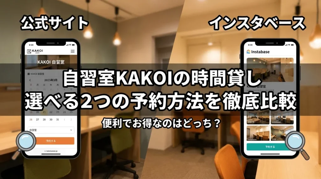 自習室KAKOIの時間貸し予約方法の比較画像。3月開始の「公式サイト予約」と「インスタベース予約」のスマートフォン画面が並び、選べる2つの予約方法を徹底比較というテキストが中央に配置されています。