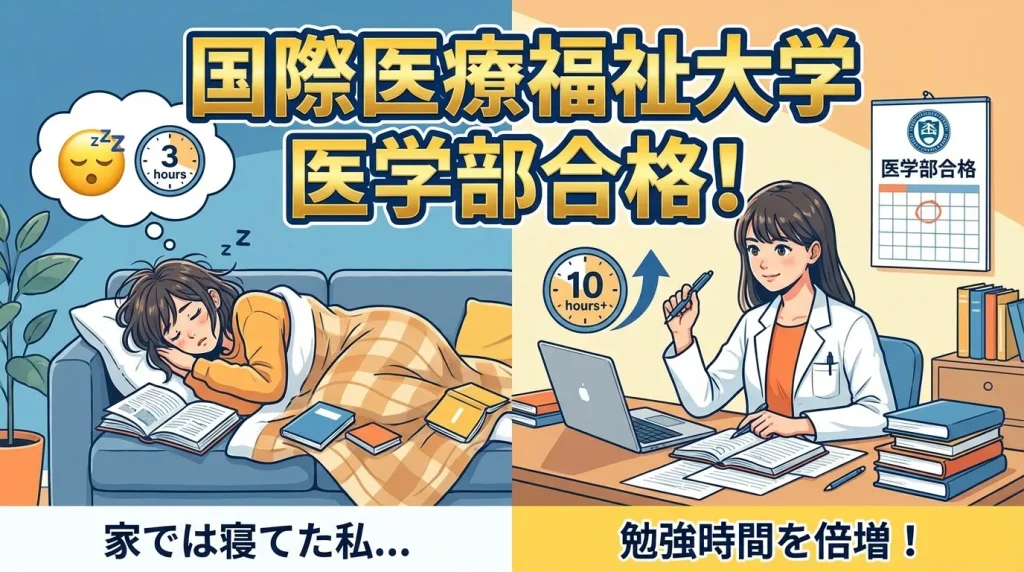 家では寝てしまっていたが、自習環境で勉強時間を倍増し国際医療福祉大学医学部に合格した女性のビフォーアフターイラスト