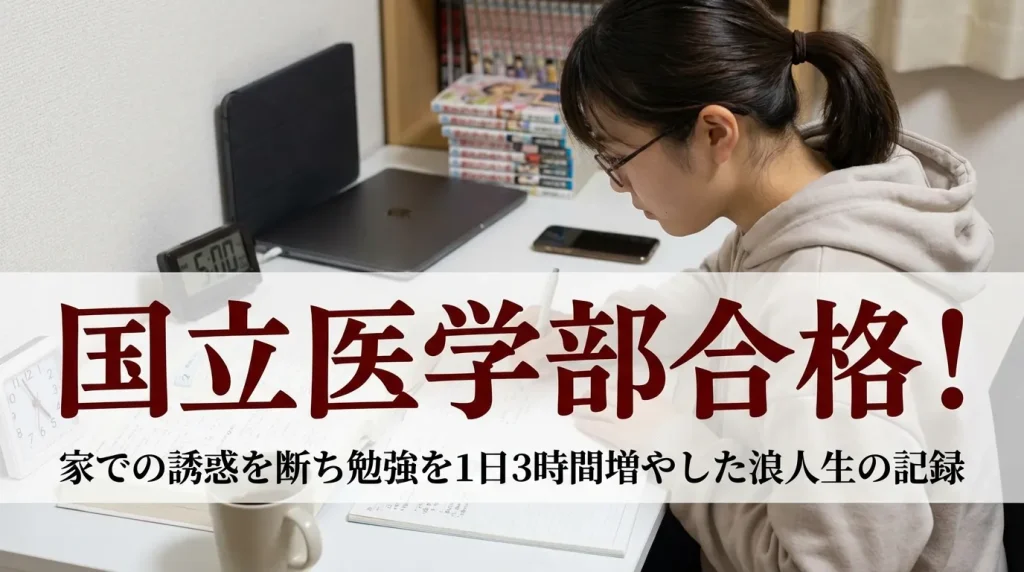 国立大学医学部に合格した浪人生の体験記。家での誘惑を断ち切り勉強時間を1日3時間増やした方法を紹介するサムネイル画像。