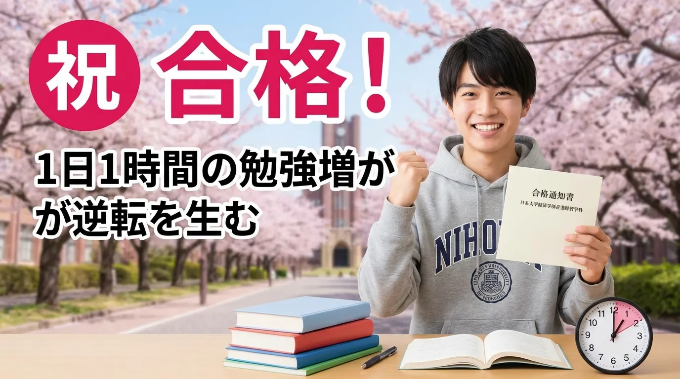 日本大学経済学部産業経営学科に合格した男子学生。自習室KAKOIの利用で1日1時間の勉強時間を増やし、逆転合格を達成。「祝合格」の文字と合格通知書を持つ様子。